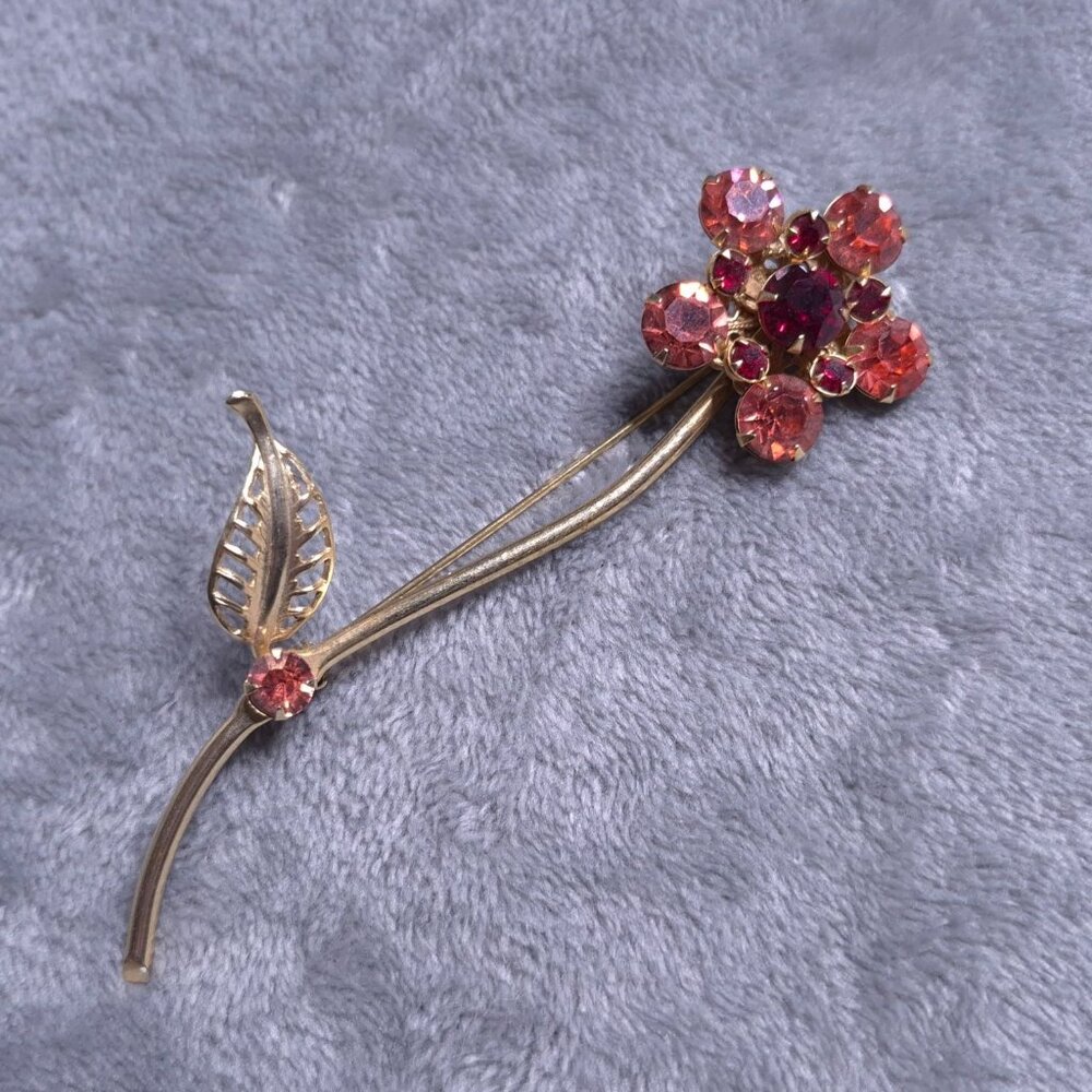 Vintage Pink & Red Rhinestone Flower Brooch With Gold-Tone Stem Leaf Design